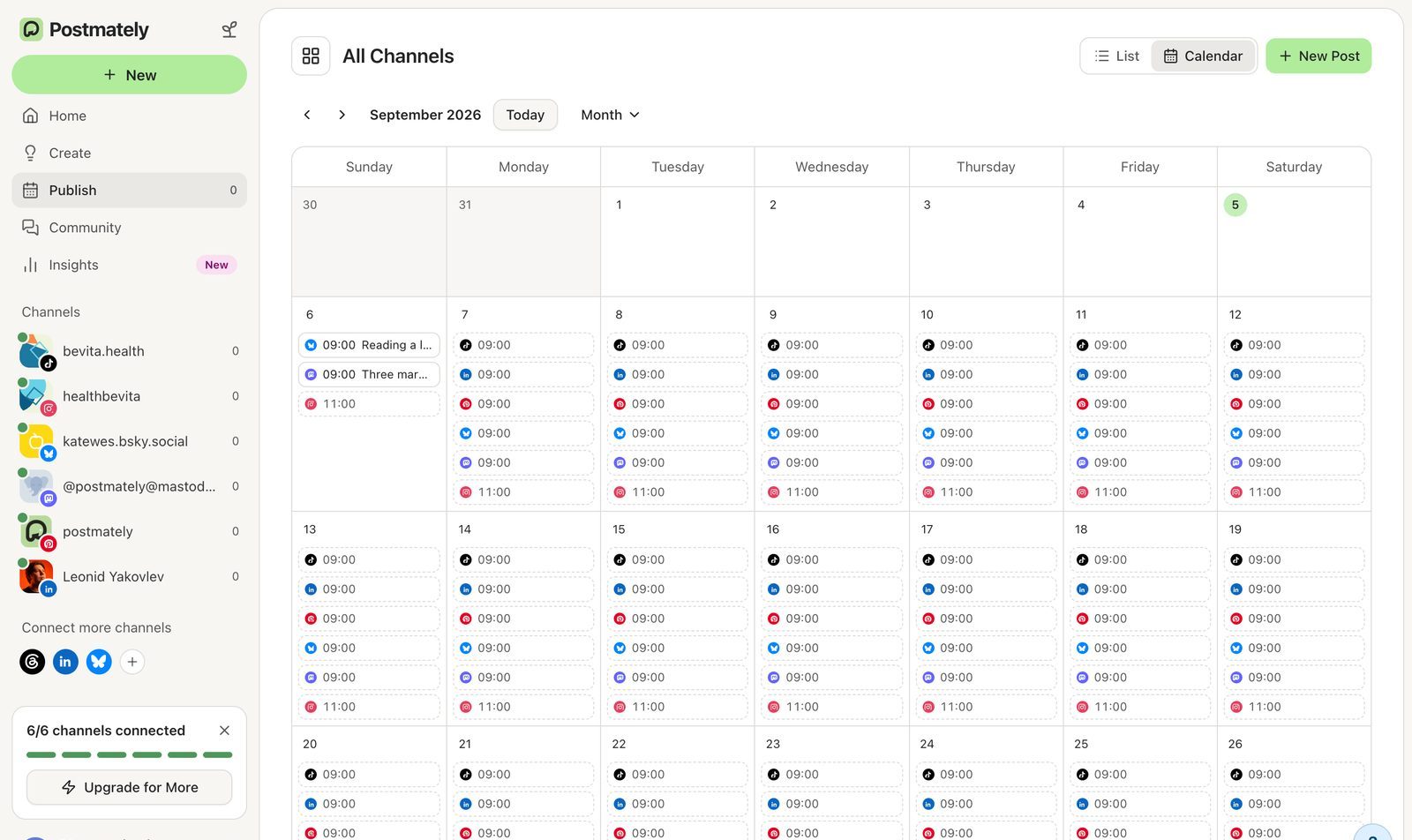 Calendar with per-channel posting times